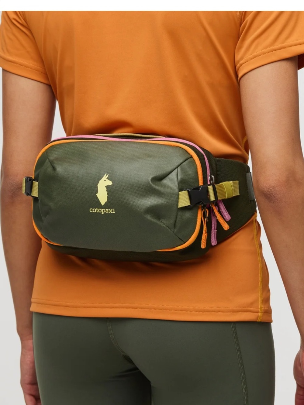 Cotopaxi Allpa Olive Hip Pack with Orange Trim and Pink Zips